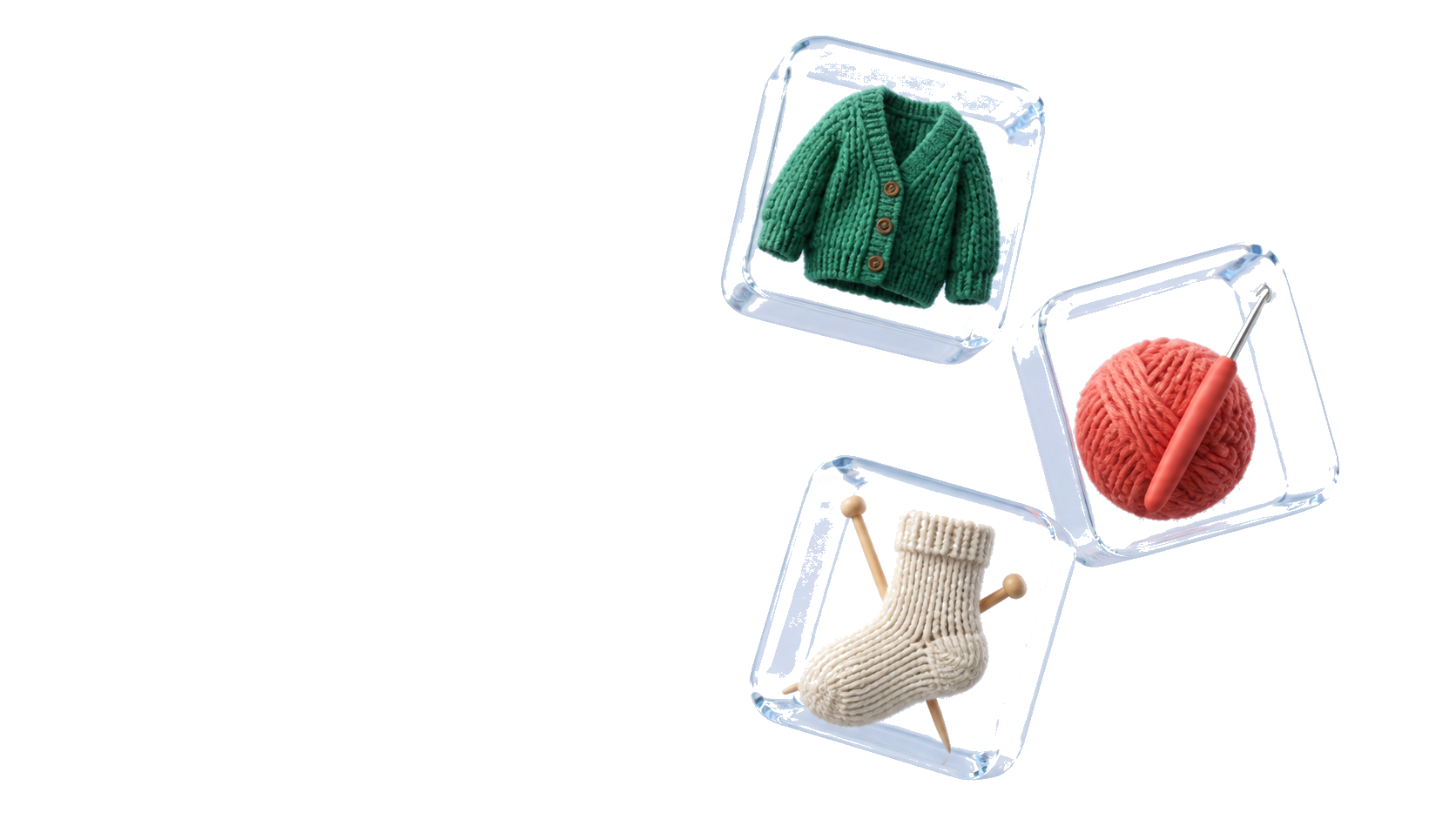 Стеклянные кубики с вязаным кардиганом, пряжей, крючком, носком и спицами